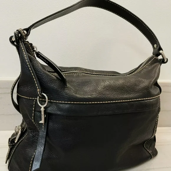 Fossil Black Pebbled Leather Hobo Satchel Tote Bag with Silver Key Charm - Picture 2 of 11